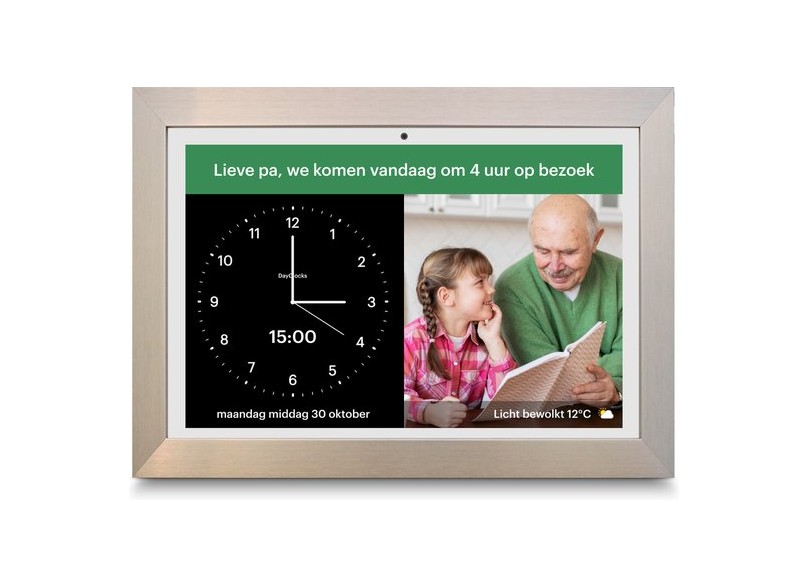 DayClock Generations 10 Wit met Titaan Lijst – Slimme Dementieklok met Beeldbellen, Foto’s en Berichten