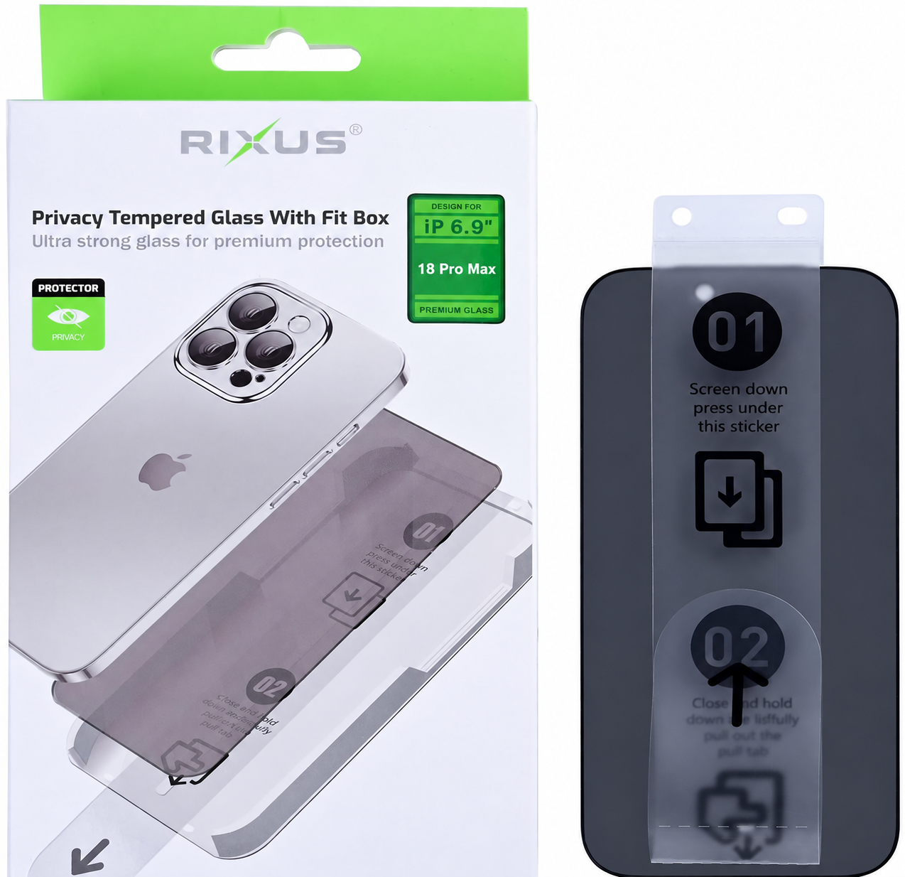 Rixus Privacy Tempered Glass met Fit Box – Apple iPhone 17 Pro Max / 18 Pro Max 1 Rixus Privacy Tempered Glass met Fit Box – Apple iPhone 17 Pro Max / 18 Pro Max